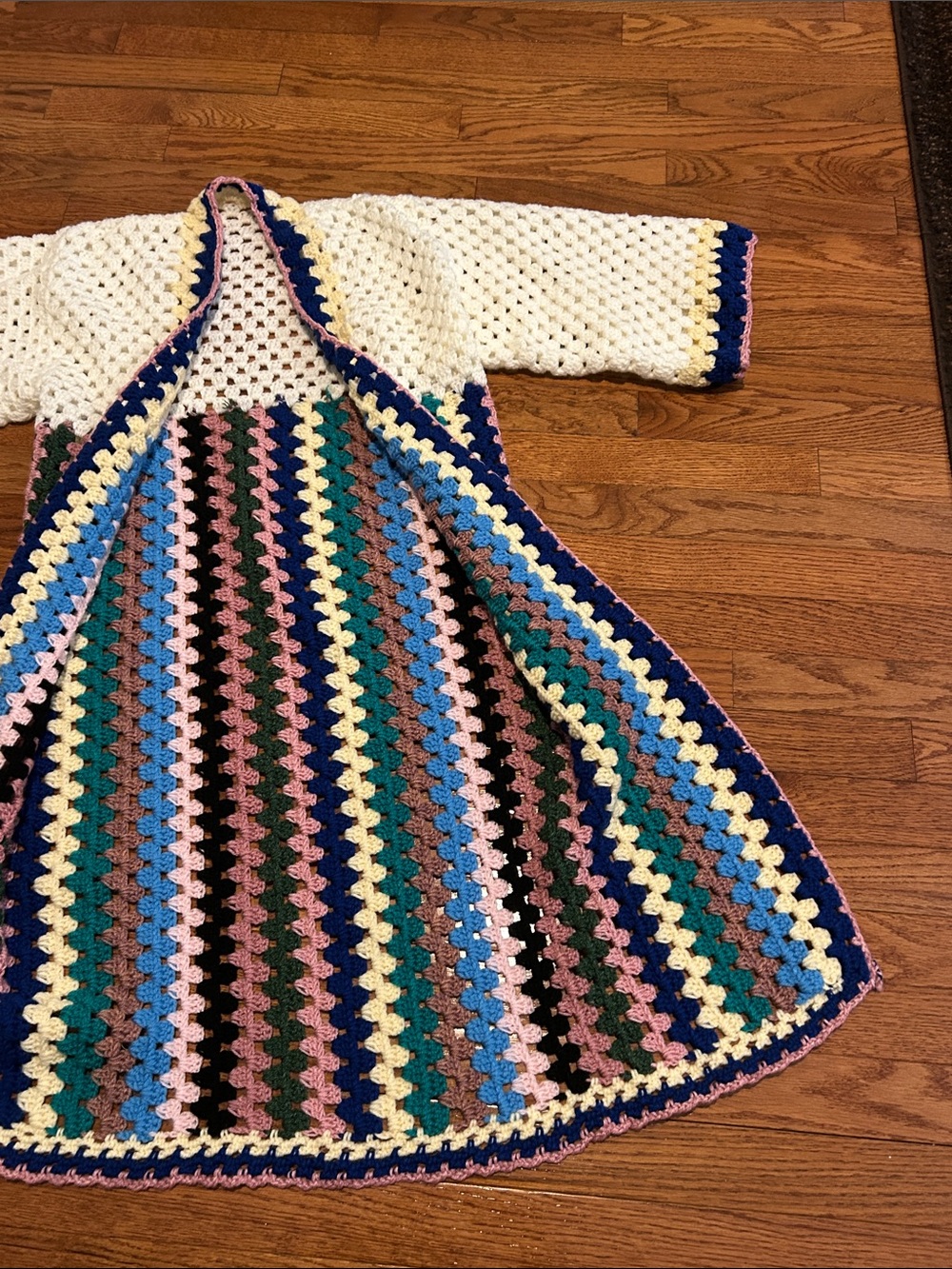 Handmade Crochet Long Cardigan White with Multicolor Stripes Perfect for summer - Picture 4 of 4